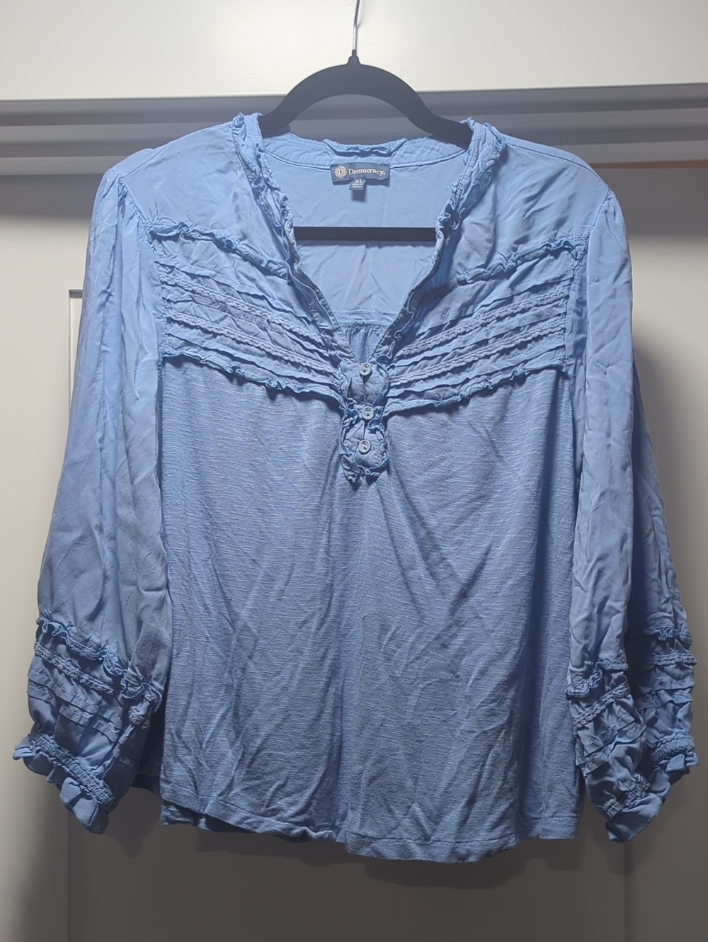 Democracy Soft Blue Ruffled V-Neck Blouse